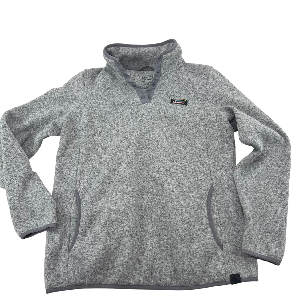 LL Bean Sweater Fleece Pullover Heather Gray Snap Mock Neck Women M 292726